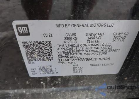 2021 Chevrolet Traverse Awd Lt Leather из США, поврежденный, VIN 1GNEVHKW6MJ230835